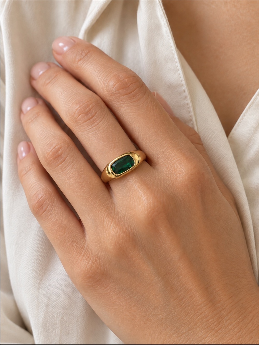 Gold Over 925 Silver Ring with Emerald Green Stone by Marlyn Schiff NEW